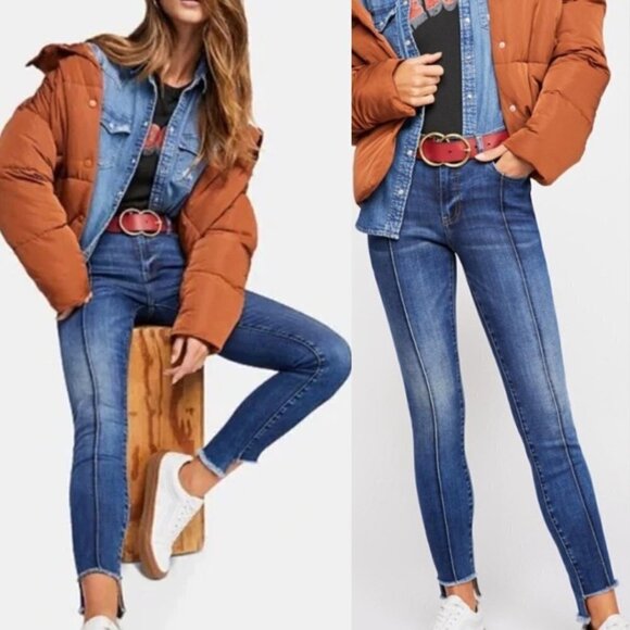 Free People Jeans Womens Size 27R Pintuck Raw Step Hem Mid Rise Medium Wash - Picture 3 of 15